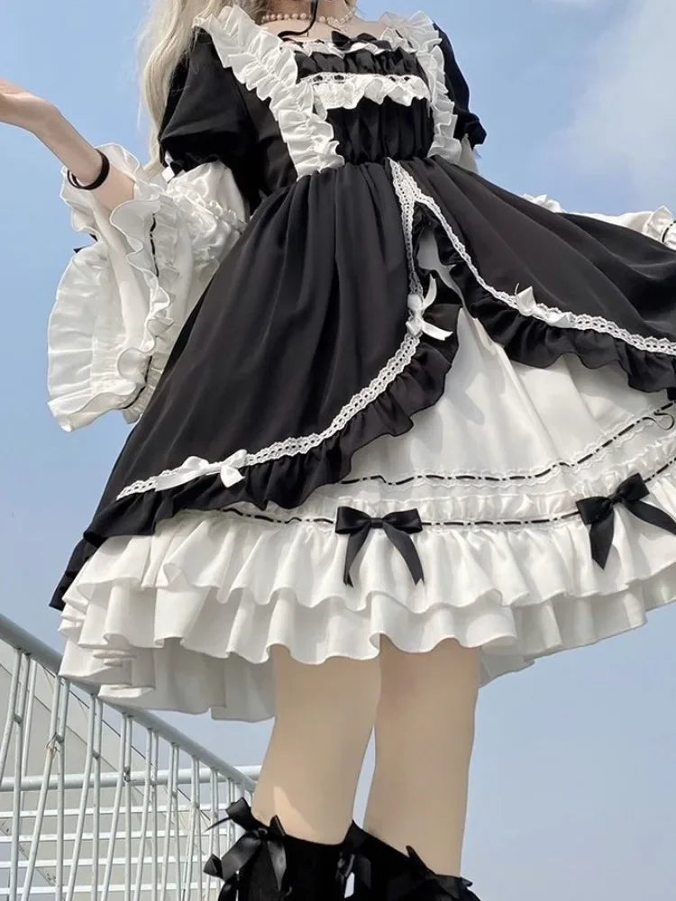 Contrast Color Japanese Dress Women Ruffled Patchwork High Waist Fairy Robe Y2k Aesthetic Ladies Sweet Dresses Vestido De Mujer
