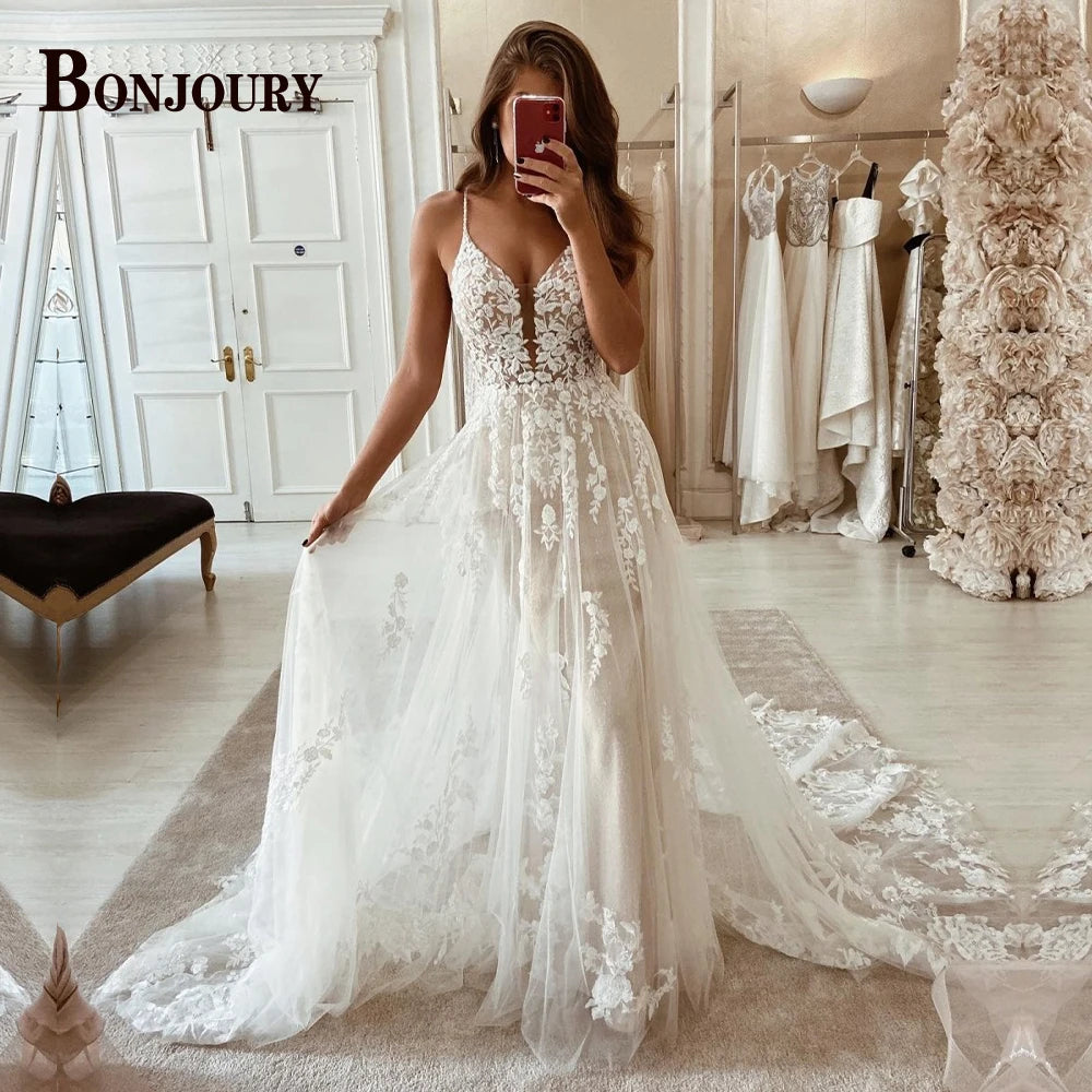 BONJOURY V-neck Satin Wedding Dress with Pockets & Chapel Train for Confident Brides