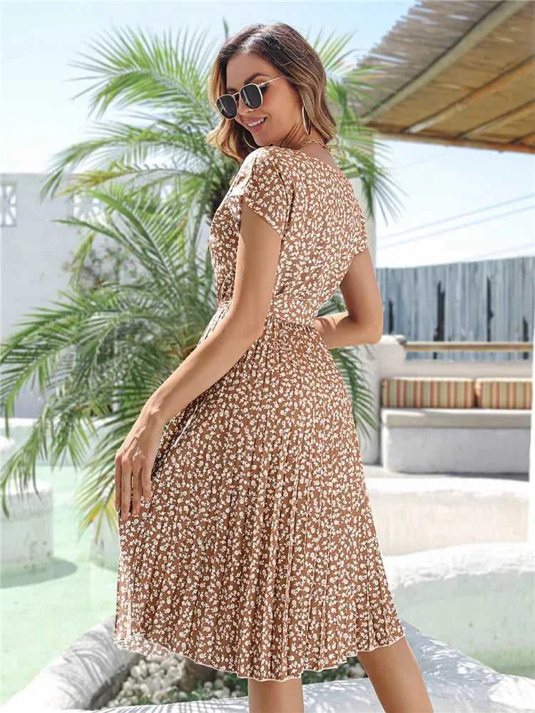 Msfilia Summer Print Pleated A Line Long Dress Women Short Sleeve High Waist Spring Round Neck Chic Dress with Belt The jack market .AU The jack market .AU Woman Fashion $ 88 14:200004870#Flower NavyBlue;5:100014065