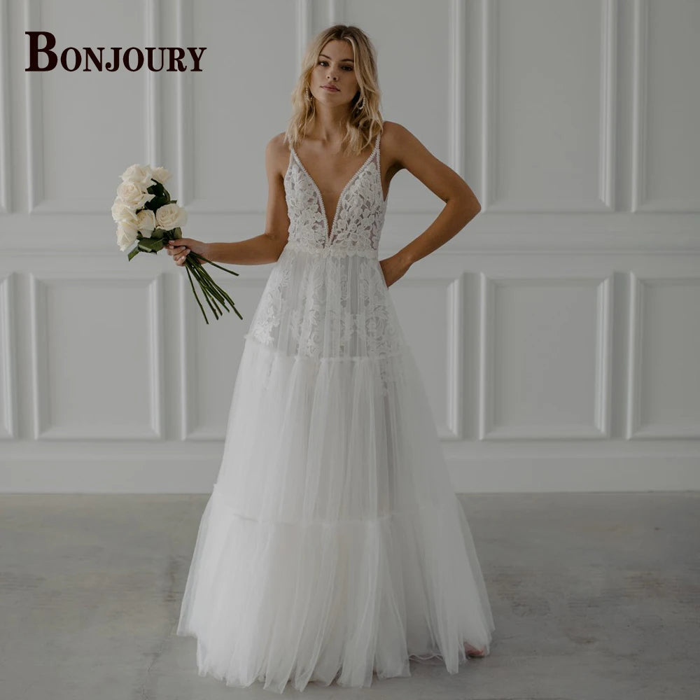 BONJOURY V-neck Satin Wedding Dress with Pockets & Chapel Train for Confident Brides