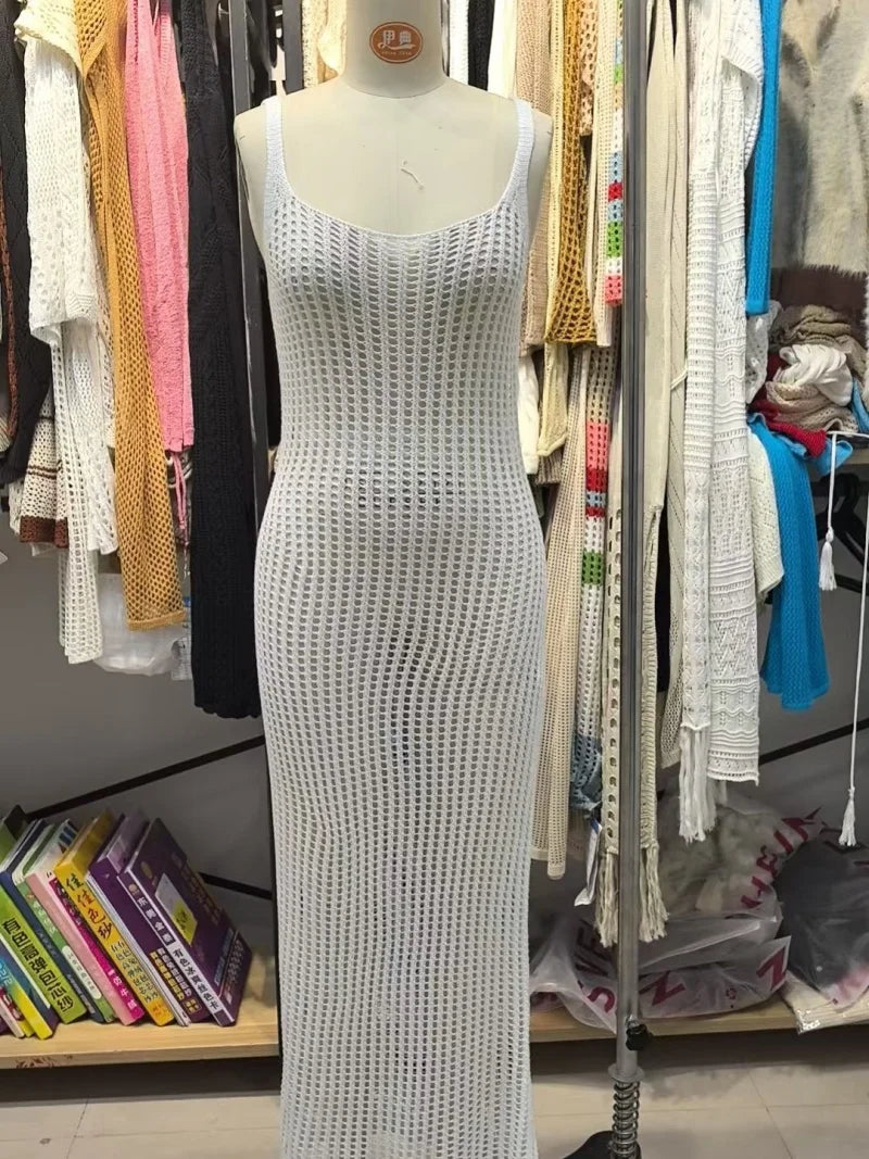 Maxi Dress Sexy Style Knitting Breathable Beachwear Cover Ups Hollow Leakage Waist Long Dress Holiday Sunscreen Camisole Dress