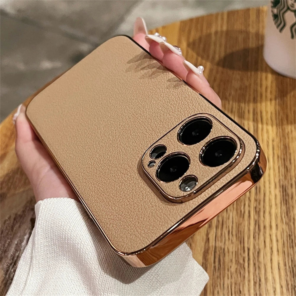 LuxeGuard Retro Lambskin Leather iPhone Case - Shockproof Bumper with Lens Protection for All Models 11-17