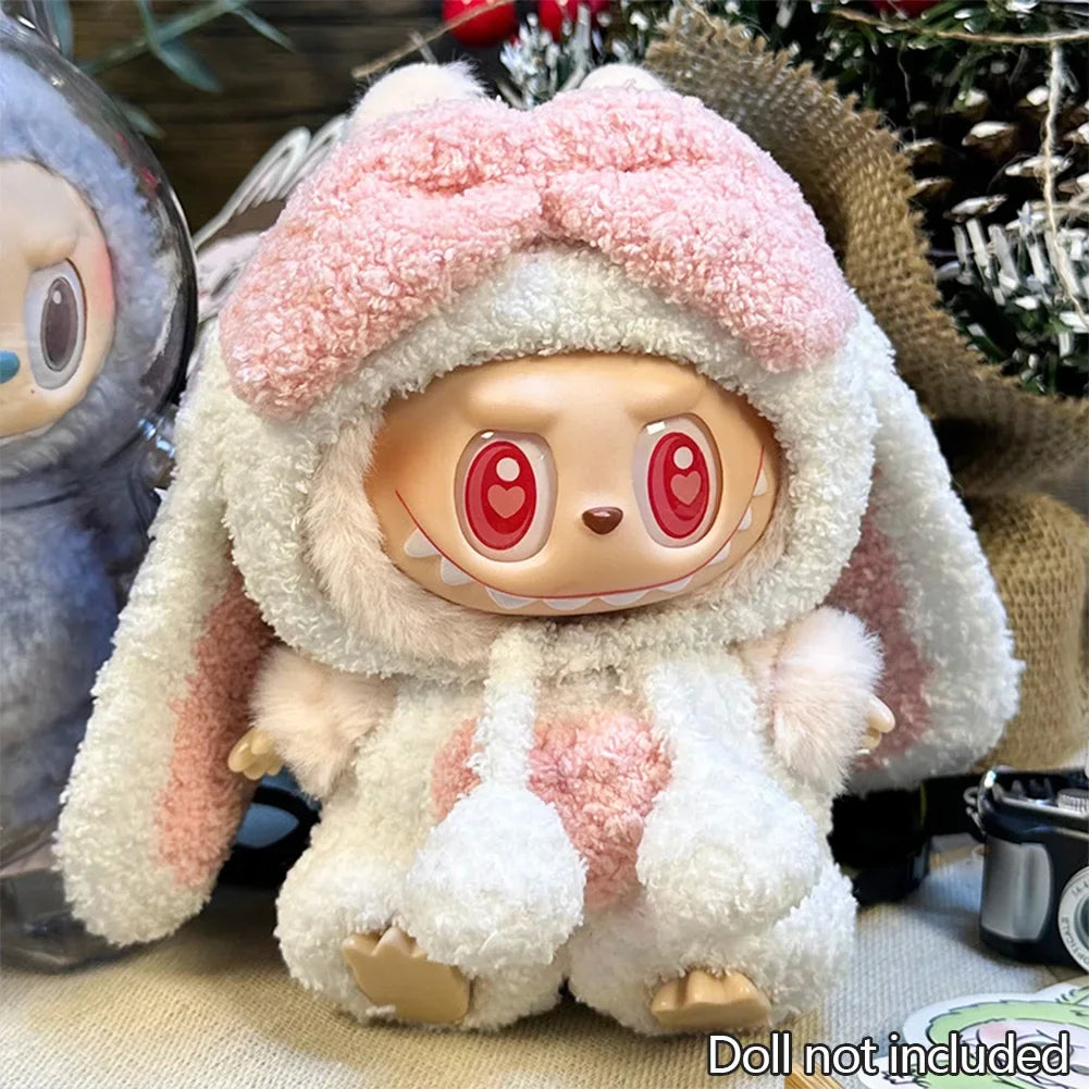 For 17cm Labubu 3.0 Dolls Accessories DIY Doll Clothes Heartbeat Long Eared Furry Rabbit Costume Cartoon Dress Up Christmas Gift