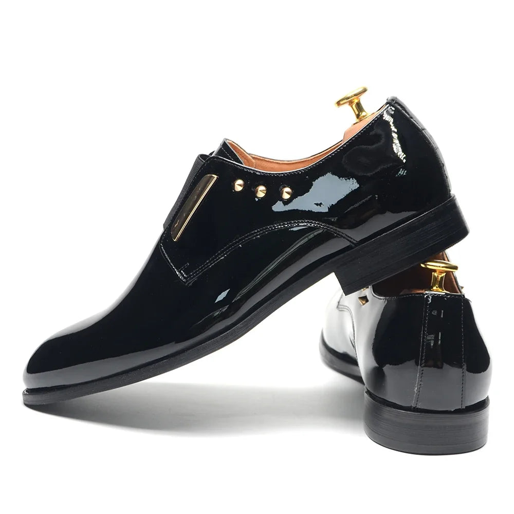 Luxury Men's Party Evening Dress Shoes 2024 Natural Cowhide Patent Leather Gold Rivets Suits Loafers Elastic Band Slip-on Derby