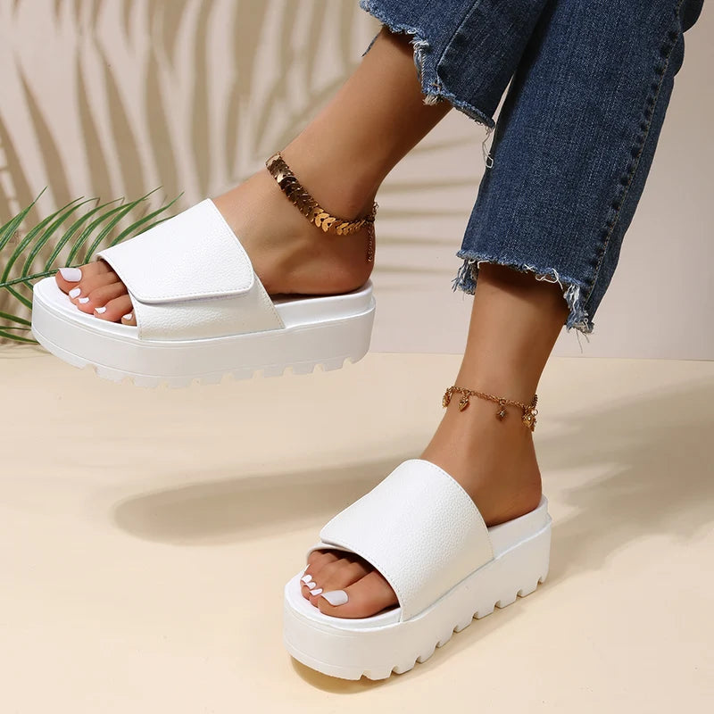 Rimocy Black PU Leather Platform Slippers Women Plus Size 43 Thick Soled Sandals Woman 2025 Summer Non-slip Slides Shoes Female