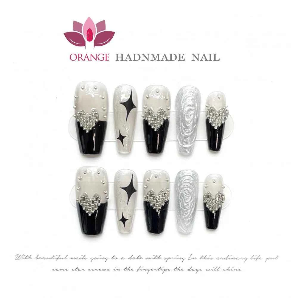 Handmade Goth Nails Press On Reusable Black Fake Nails Designed Full Cover Artificial Manicuree Wearable Orange Nail Store