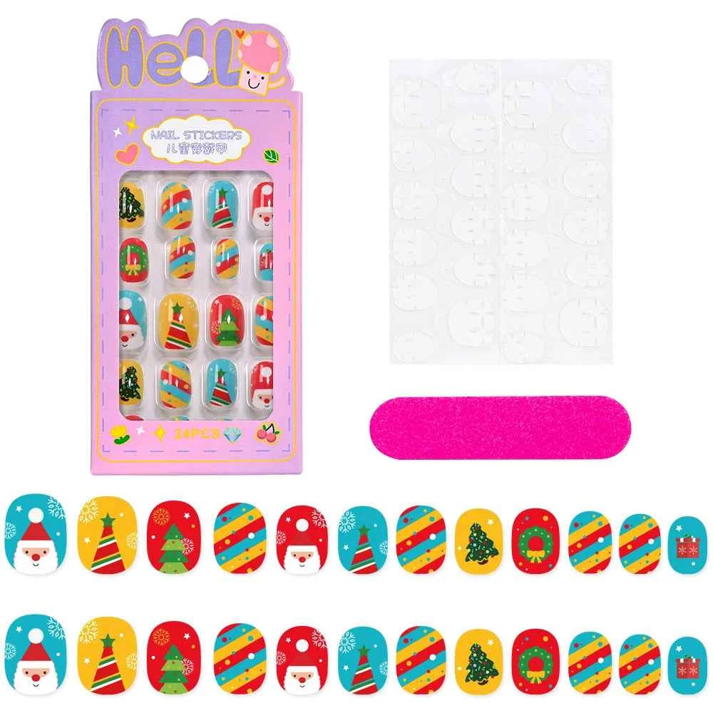 24pcs Princess Girls Christmas Press On Nails Candy Color Kawaii Christmas Tree Snowman False Nails New Year Children Fasle Nail