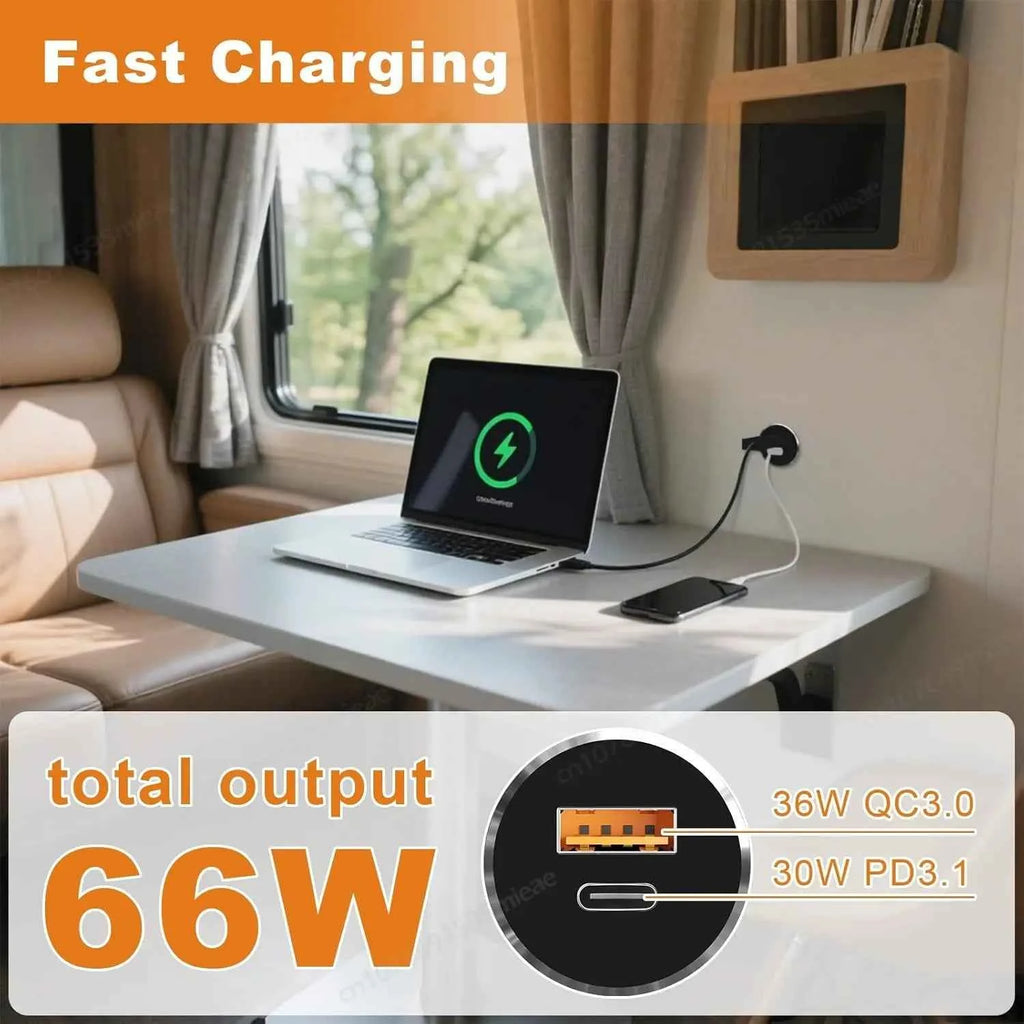 1-2 Pack Mini 66W 12V USB Outlet PD 30W Type-C QC3.0 36W USB-A Dual Port Aluminum Fast Charging Socket for RV Camper Truck Boat