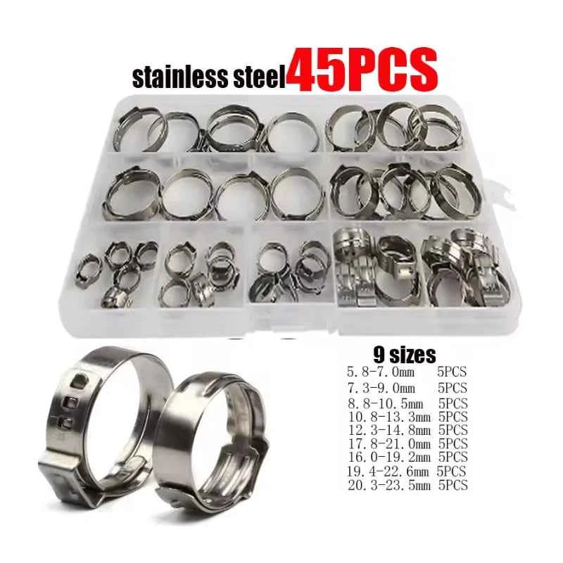 45/80/130pcs Stainless Steel Ear Clamps, Worm Drive Hose Clips, Fuel & Water Pipe Clamps + 1pc Clamp Pliers