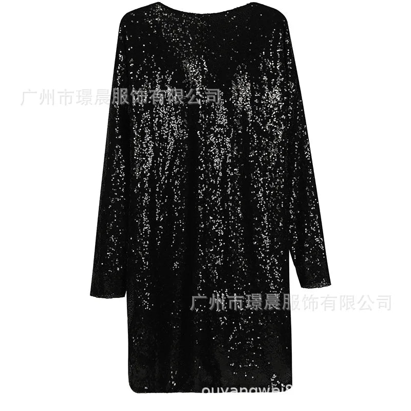 Trendy Solid Color Sequin Dresses Women V-neck Long Sleeve Loose Irregular Mini Dress Lady Commuting Vestidos Spring Autumn New