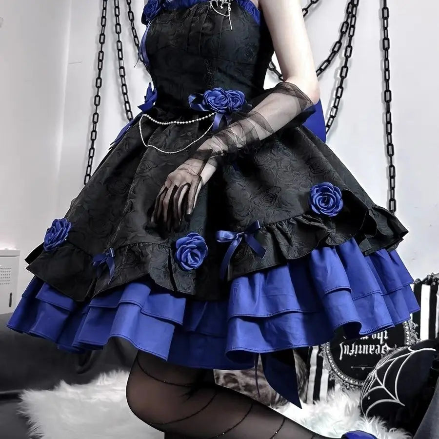 Gothic Lolita Summer Dress - High Waist Bow, Sweet Y2K Style Sling Robe for Women