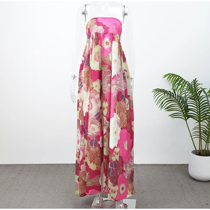 Chic Floral Print Pleated Long Dress Women's Sexy Strapless Backless Loose Party Vestidos 2025 Summer Lady High Street Robes New