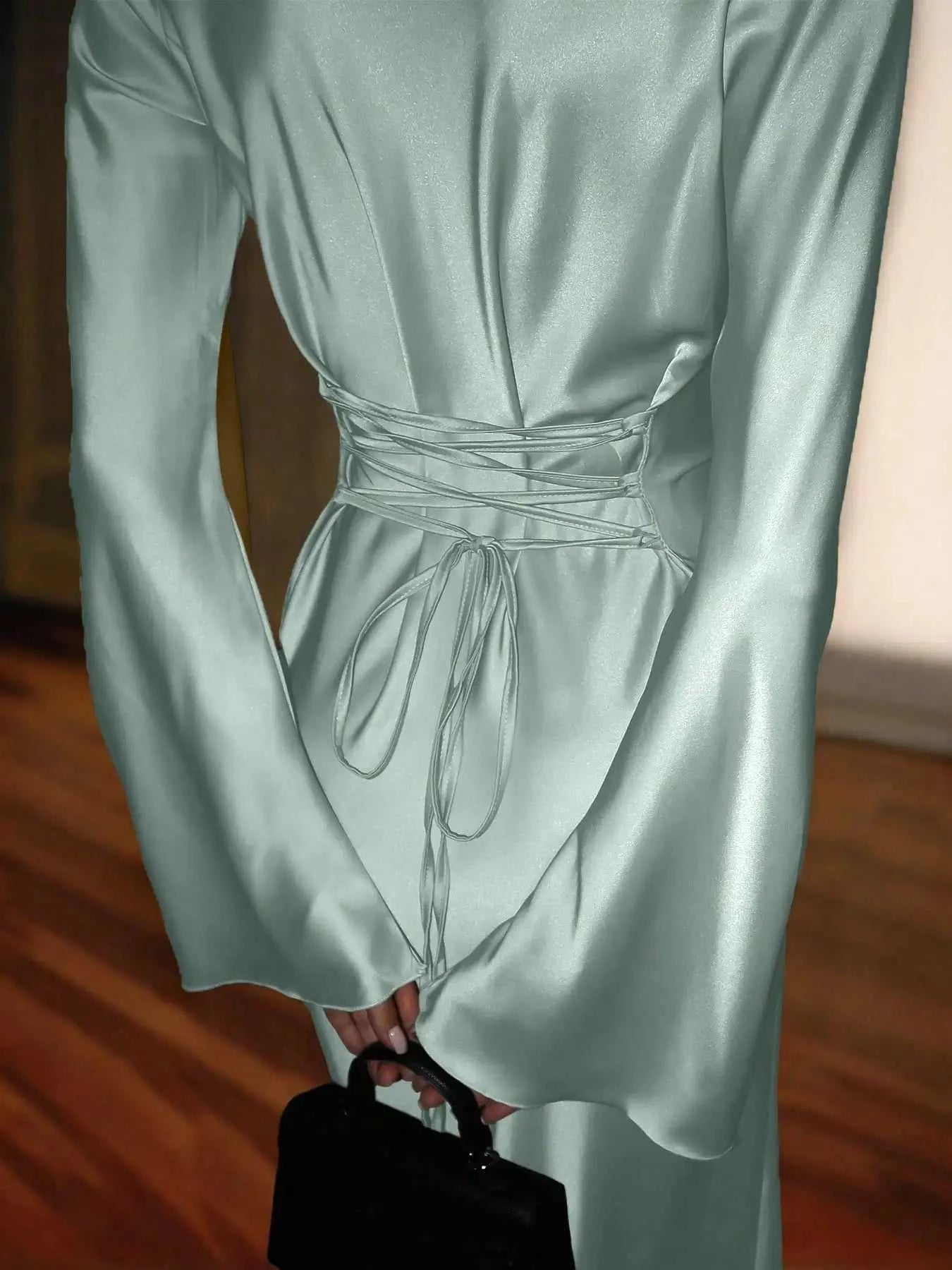 Women's Satin Maxi Dress – Corset Waist Tie, O-Neck & Flared Sleeves | Bohemian Evening Dress The jack market .AU The jack market .AU Woman Fashion Dress $ 70 14:1052;5:4182
