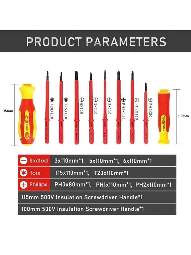 10Pcs Interchangeable Blade VDE Insulated Screwdriver Set with Case Magnetic 500V Home and Professional Use Electricians Tools