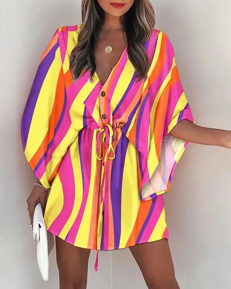 Summer Boho Mini Dress Women Flora Print Batwing Sleeve Lace-Up V Neck Loose Button Dresses Ladies Beach Party Dress Vestido