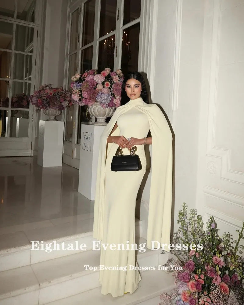 Eightale Elegant Evening Dress for Wedding Party Halter Light Yellow Cap Sleeves Arabic Mermaid Customized Formal Prom Gowns
