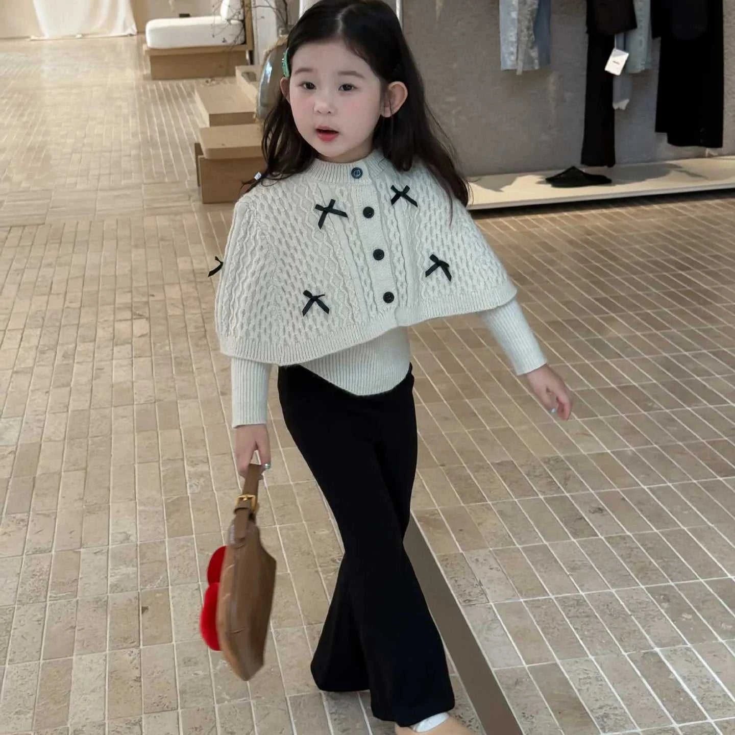 2025 Autumn New Children Clothing Korean Children Clothing Girls Retro Bow Sweater Cape Sweater Two Piece Set The jack market .AU The jack market .AU Mum & Kids: Essential Products for Every Family $ 35 14:193#pant;200000463:200004187#90cm