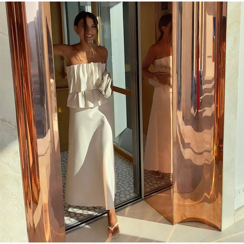 Elegant Pleated Sleeveless Long Dress Women White Slim Tube Party Dresses Female 2026 Spring New Fashion Street Maxi Robes