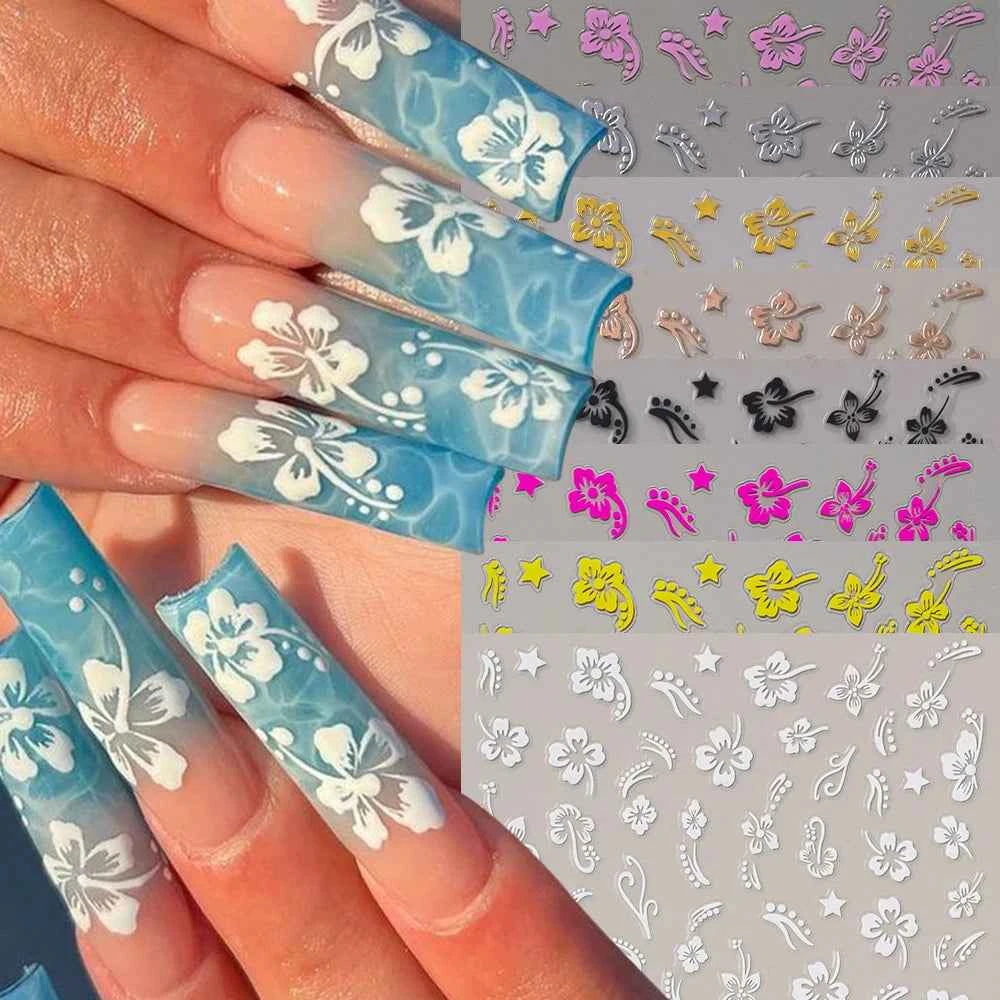 1pcs 3D White Hibiscus Flowers Nail Stickers Holographic Silver Gold Tropical Petal Slider For Nails French Manicure Decoration