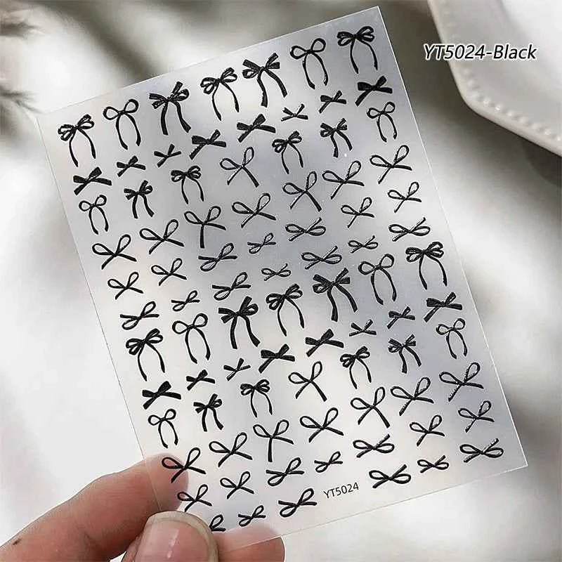 Brand Name Bowknot Nail Art Stickers - Vintage Self-Adhesive Decals in White, Pink & Black for Cute Manicures