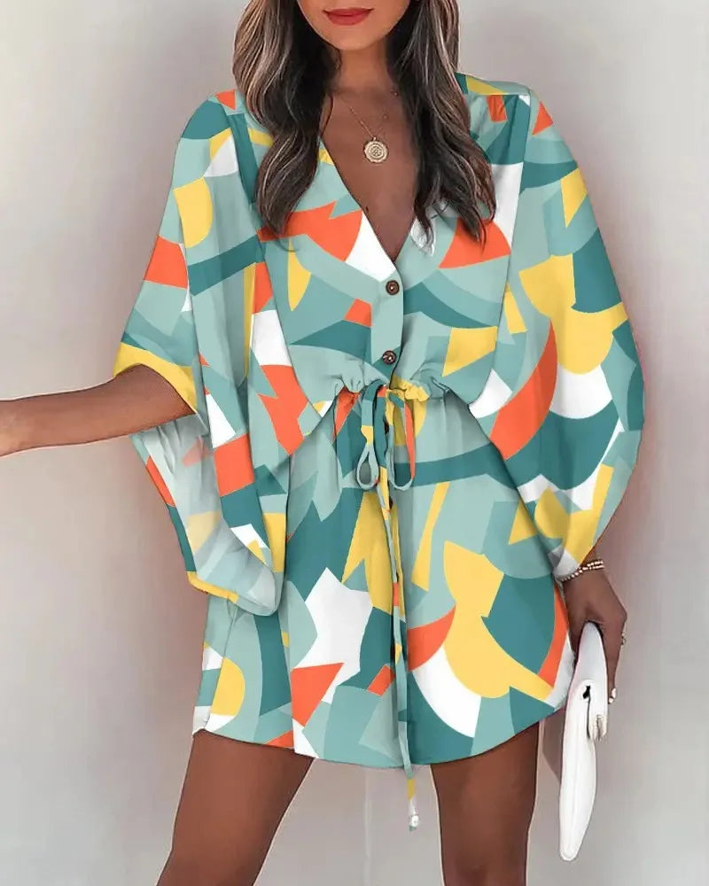Bohemian Beach Mini Dress - Sexy V-Neck, Bat Sleeves & Floral Print for Effortless Summer Style