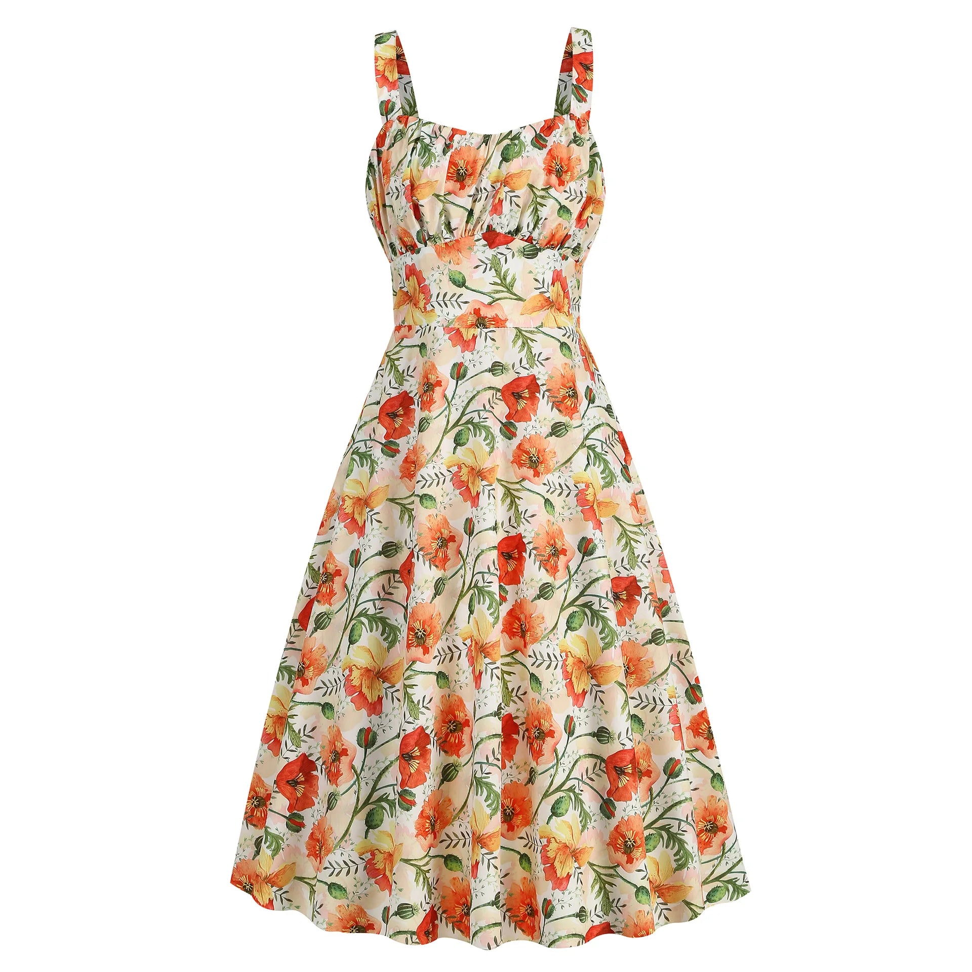 Vintage Charm Summer Midi Dress - Cute Print, Ruched Bust, High Waist for Effortless Beach Style