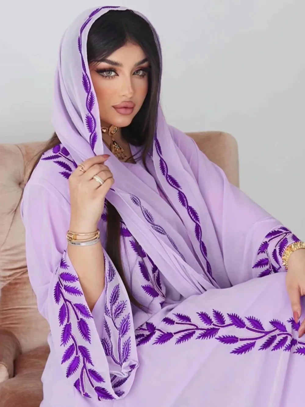 Women's Embroidery Abaya with Scarf – 2-Piece Muslim Dress Set