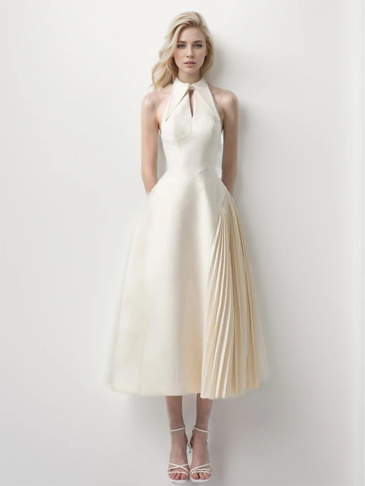 TWOTWINSTYLE Solid Patchwork Folds A Line Dress For Women Lapel Sleeveless High Waist Hollow OutTemperament Dresses Female New