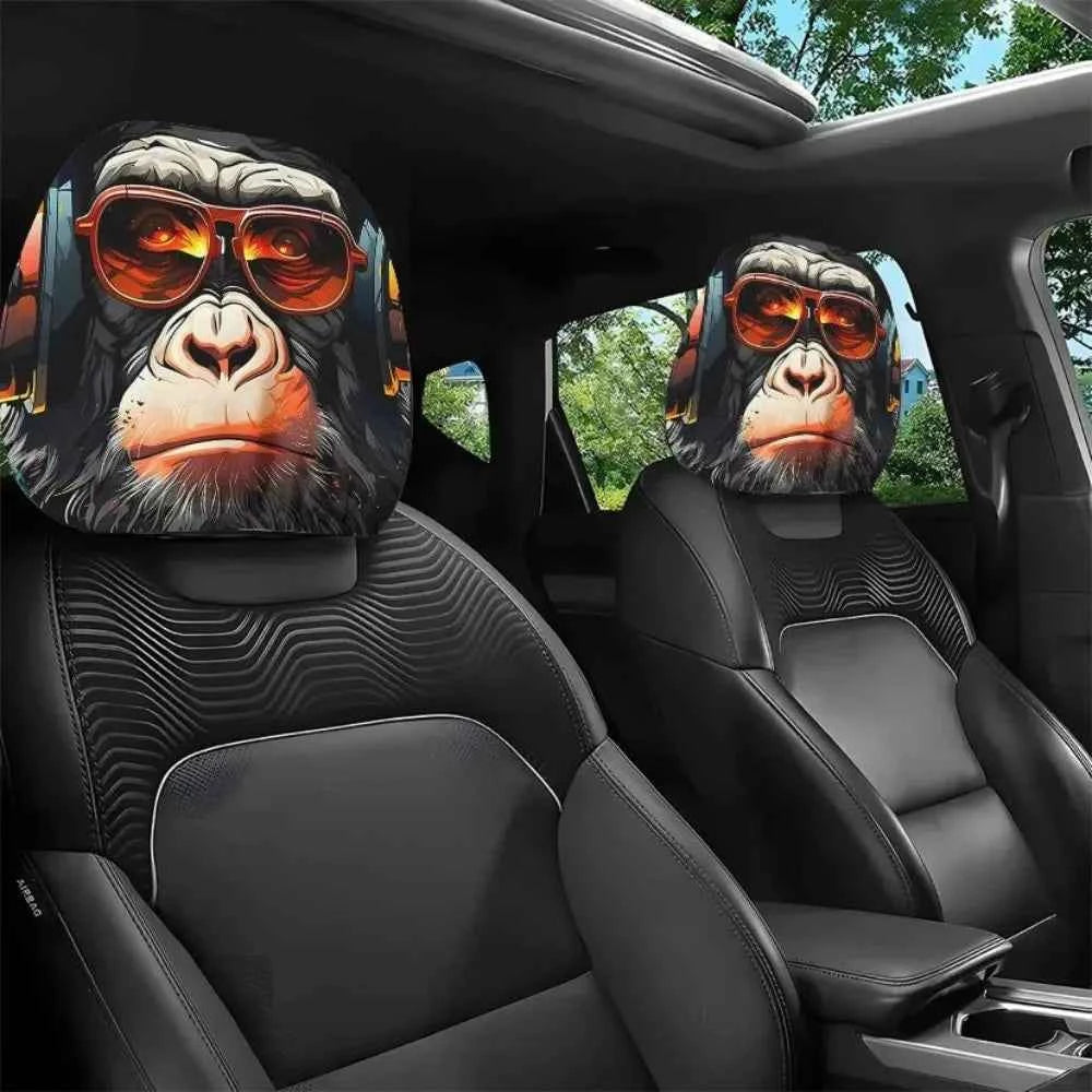 2Pcs Universal Car Seat Cover Black Skull Pattern Breathable Headrest Cover Dust-proof Elastic Car Seat Headrest Interior Decor
