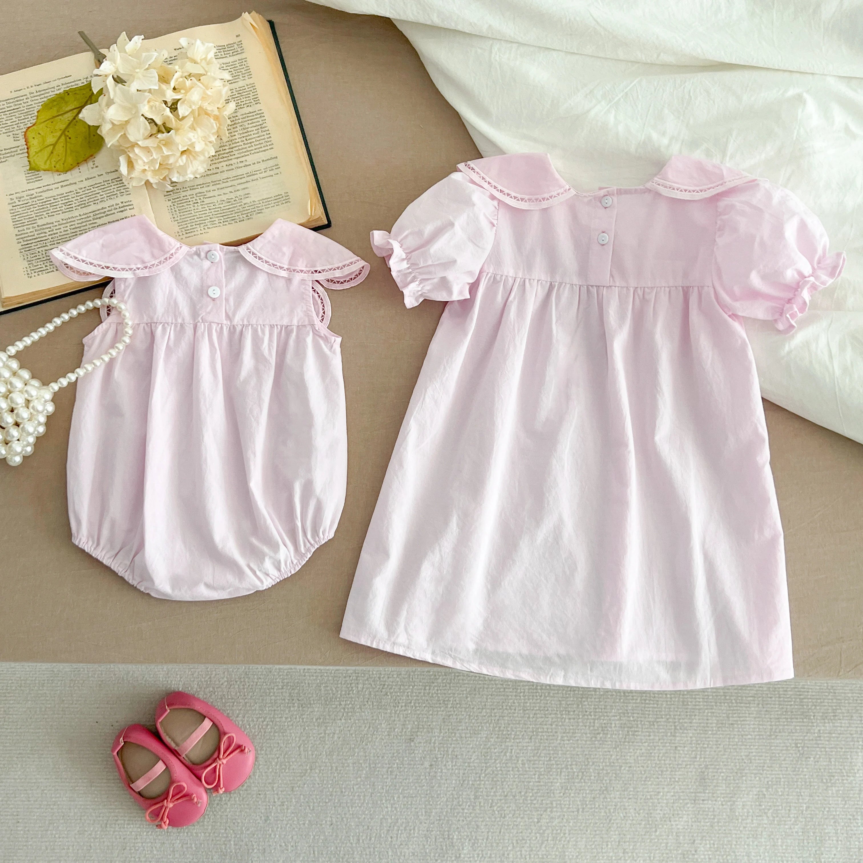 Sisters Dress Summer Kids Princess Dresses Short Sleeved Cotton Solid Color Splicing Infant Baby Romper Baby Girl Party Dress