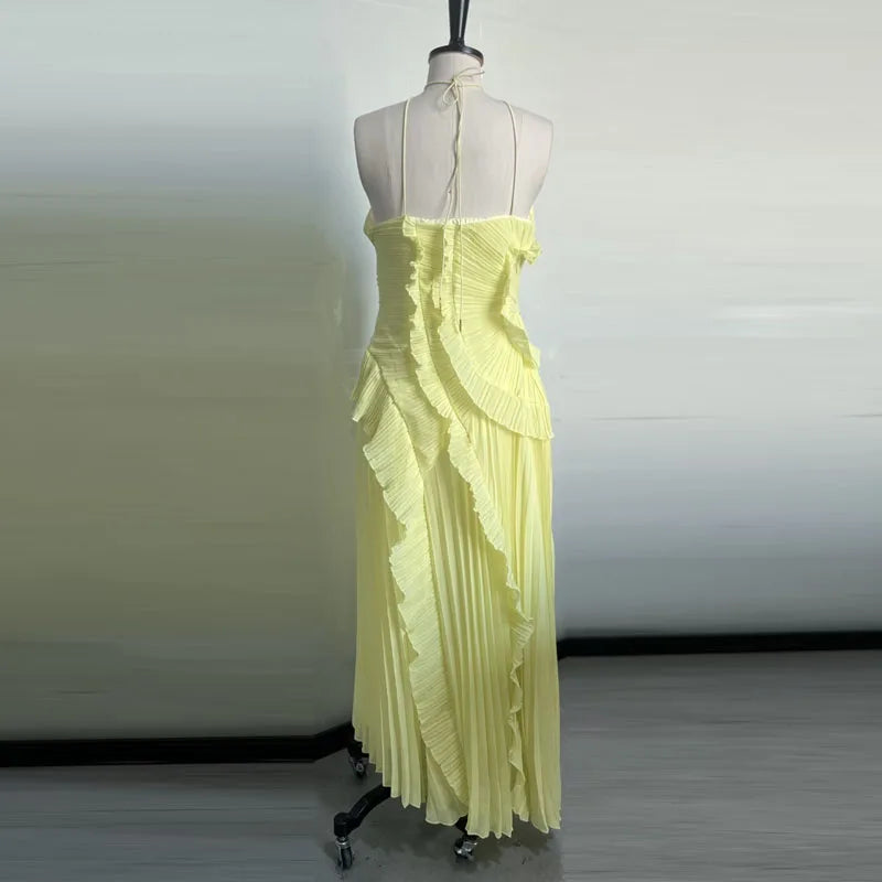 Elegant Affair Evening Gown - Ruffled Neck Strap, Backless Design, A-Line Silhouette, Perfect for Parties & Vacations