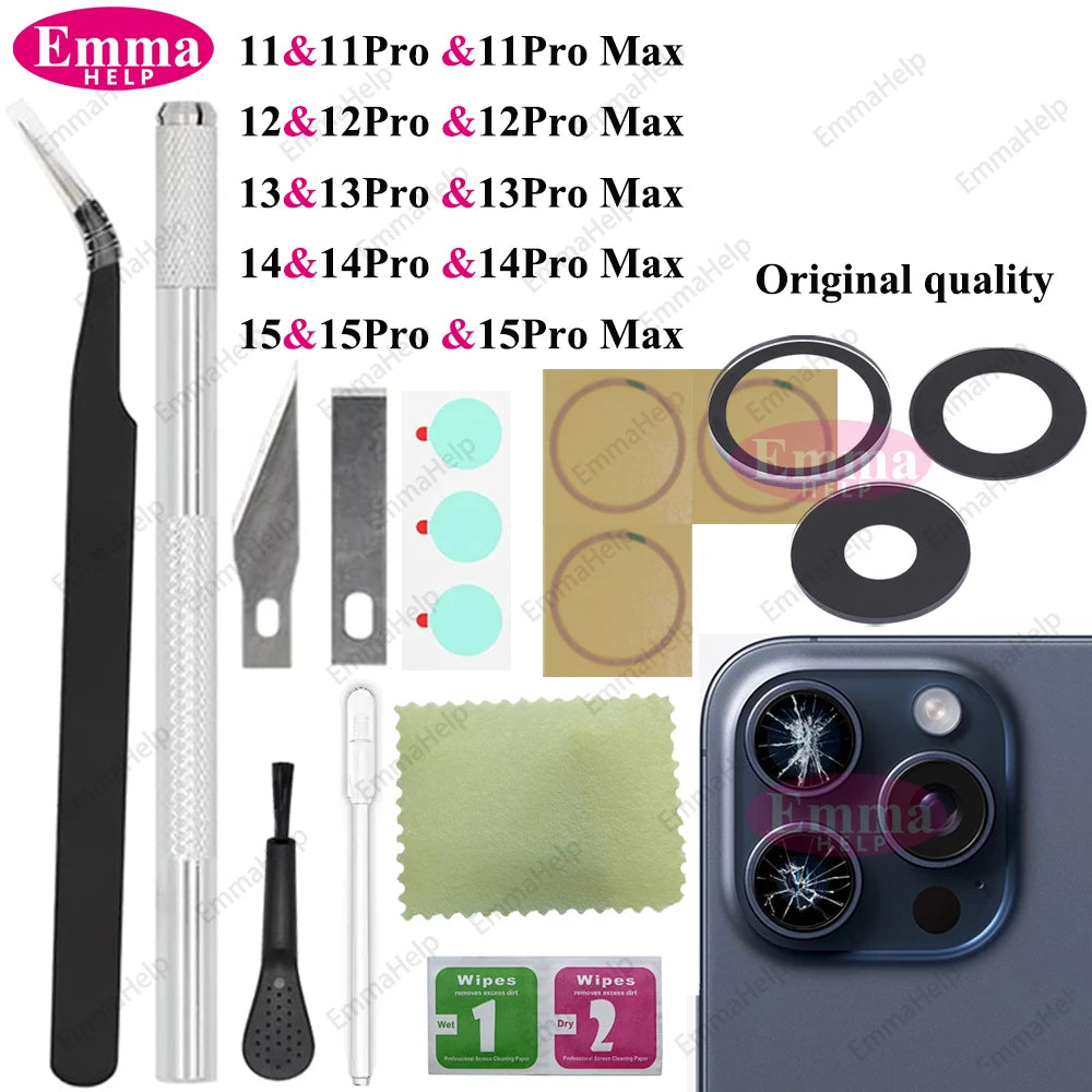 1 Set Original Sapphire Back Camera Lens Glass for iPhone 15 14 13 12 11 Pro Max Plus Mini with Adhesive Repair Tools Kit
