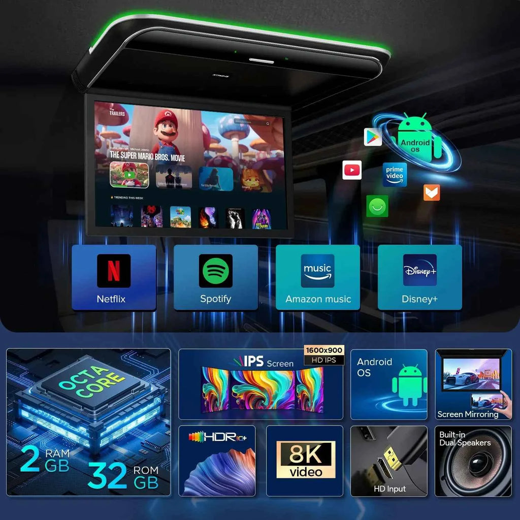 XTRONS 19.5" Android Car Roof Monitor TV Octa-core 8K IPS Car Screen Adjustable Angle to 170° with Screen Mirroring USB HDR RCA
