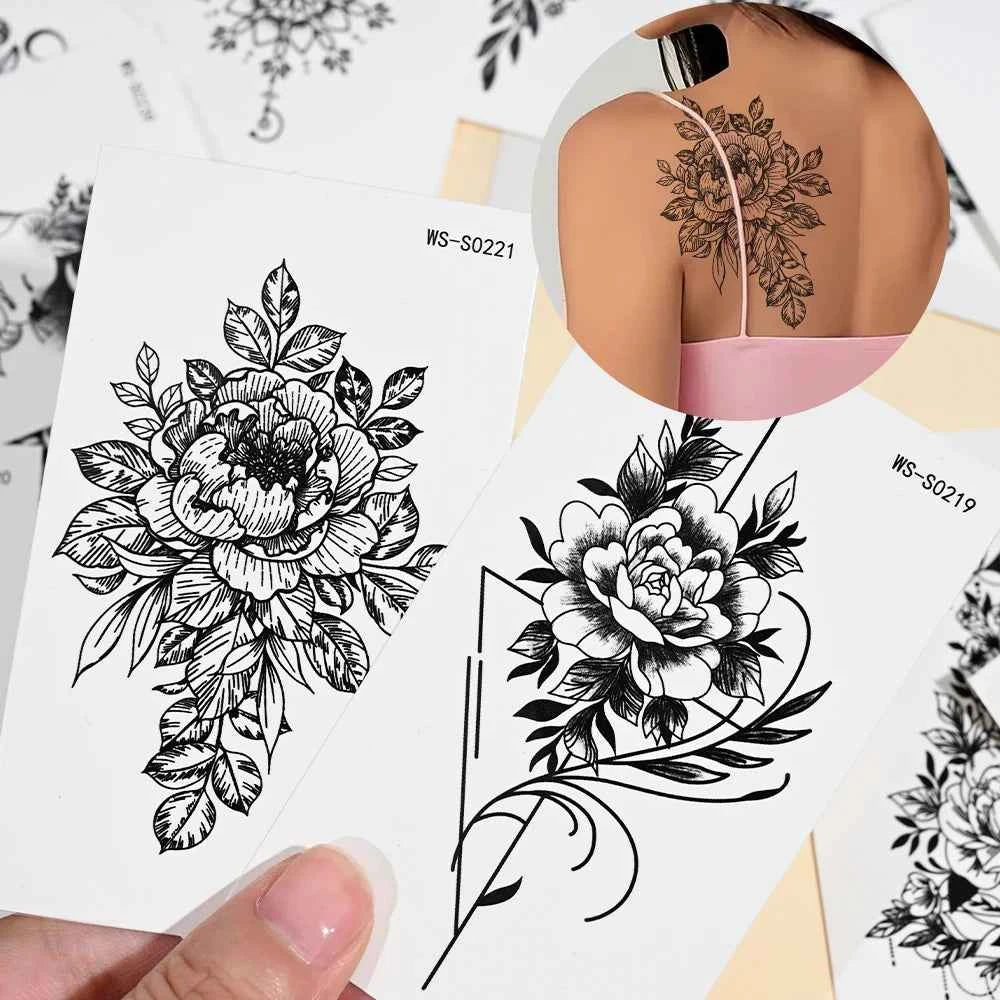 35pcs Realistic Peony Rose Temporary Tattoo Deer Crescent Floral Body Art Waterproof Stickers Lasting Arm Leg Hand Neck Tattoos*