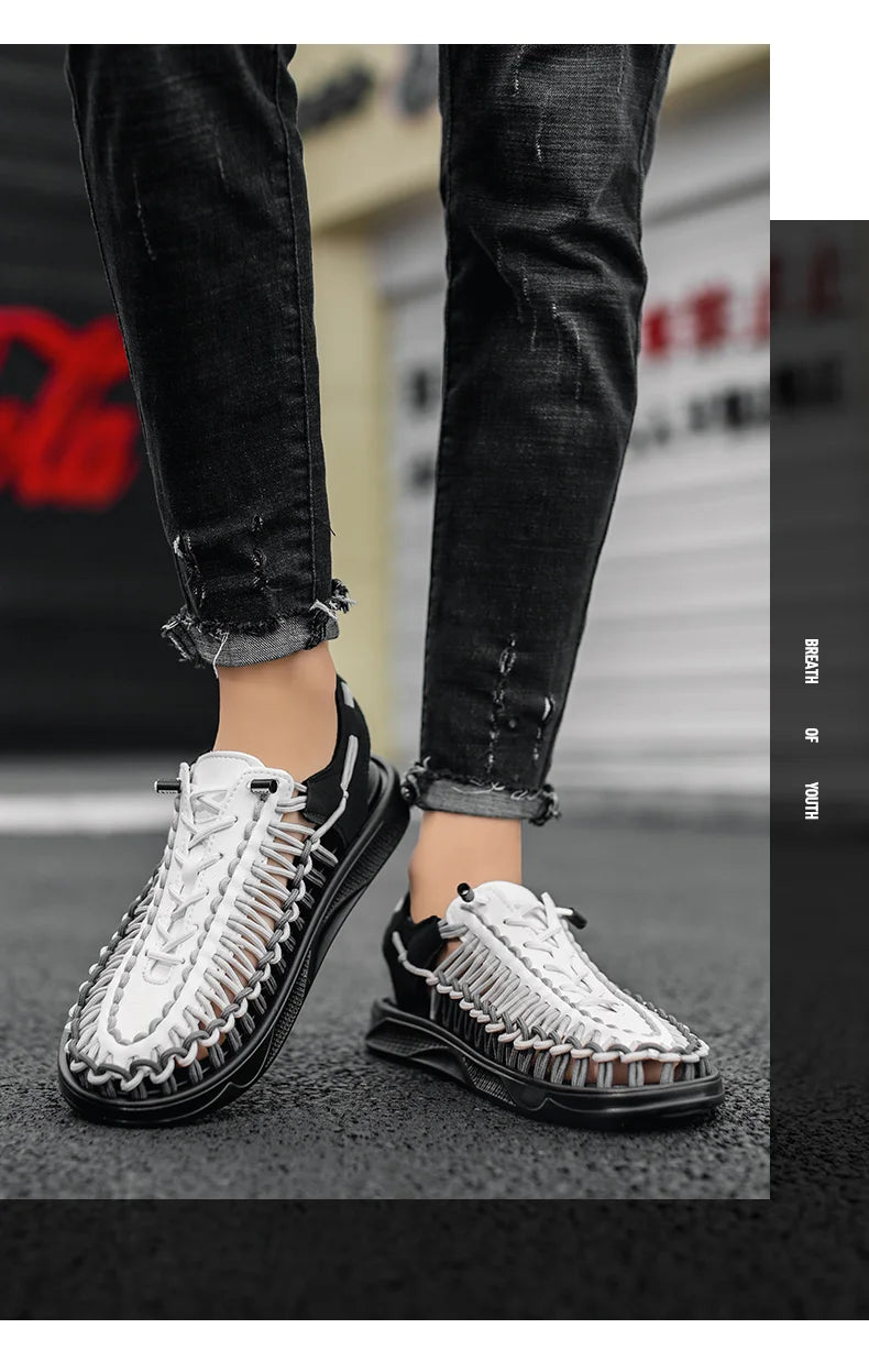 2023 Summer Men's  Sandals Lace Up Hand Woven Sandals Thick Soled Soft Non Slip Casual Shoes High Quality Couple Beach Shoes