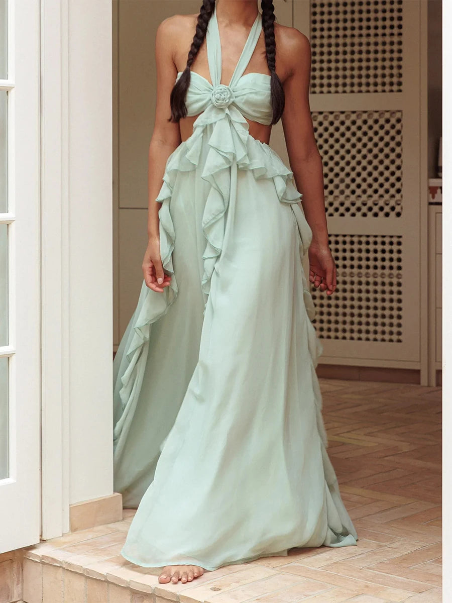 Luxury Women's Holiday Cutout Ball Gown Sleeveless Tie Back Solid Color Ruffle Long Dress Summer Party Dress