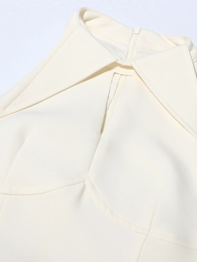 TWOTWINSTYLE Solid Patchwork Folds A Line Dress For Women Lapel Sleeveless High Waist Hollow OutTemperament Dresses Female New