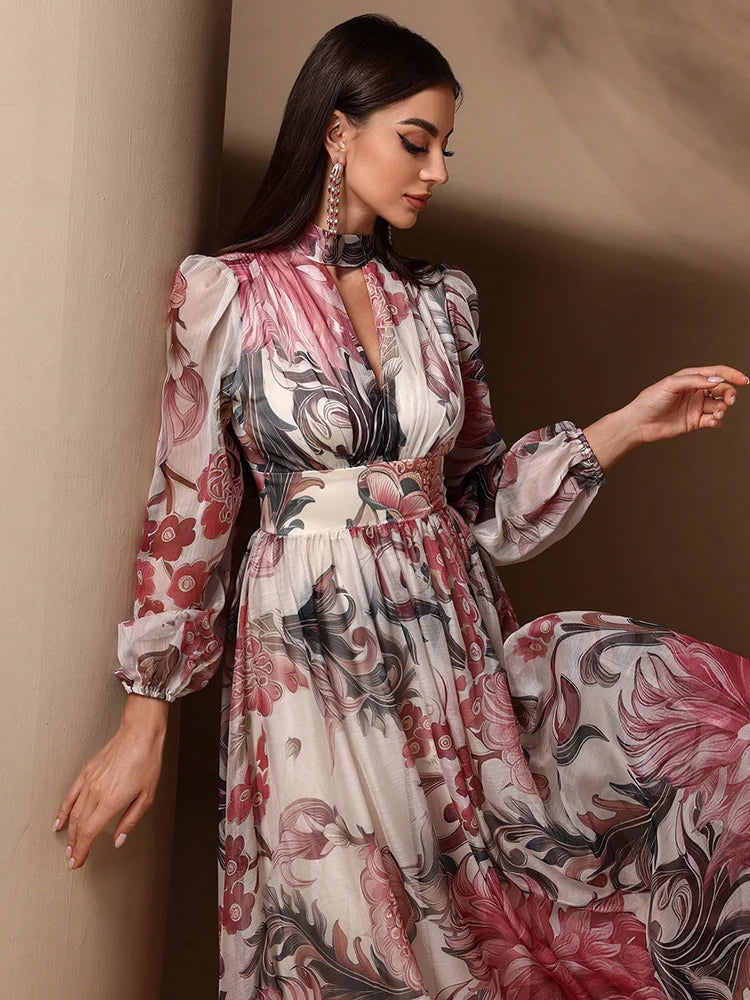 TOLEEN Floral Cut-Out Maxi Dress - Elegant Long Sleeve, High Waist, Summer Ready