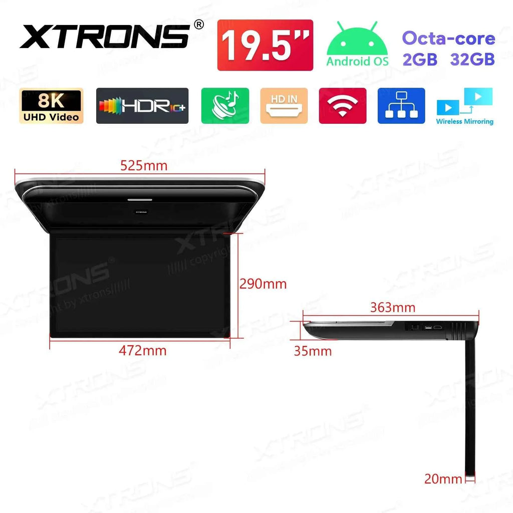 XTRONS 19.5" Android Car Roof Monitor TV Octa-core 8K IPS Car Screen Adjustable Angle to 170° with Screen Mirroring USB HDR RCA