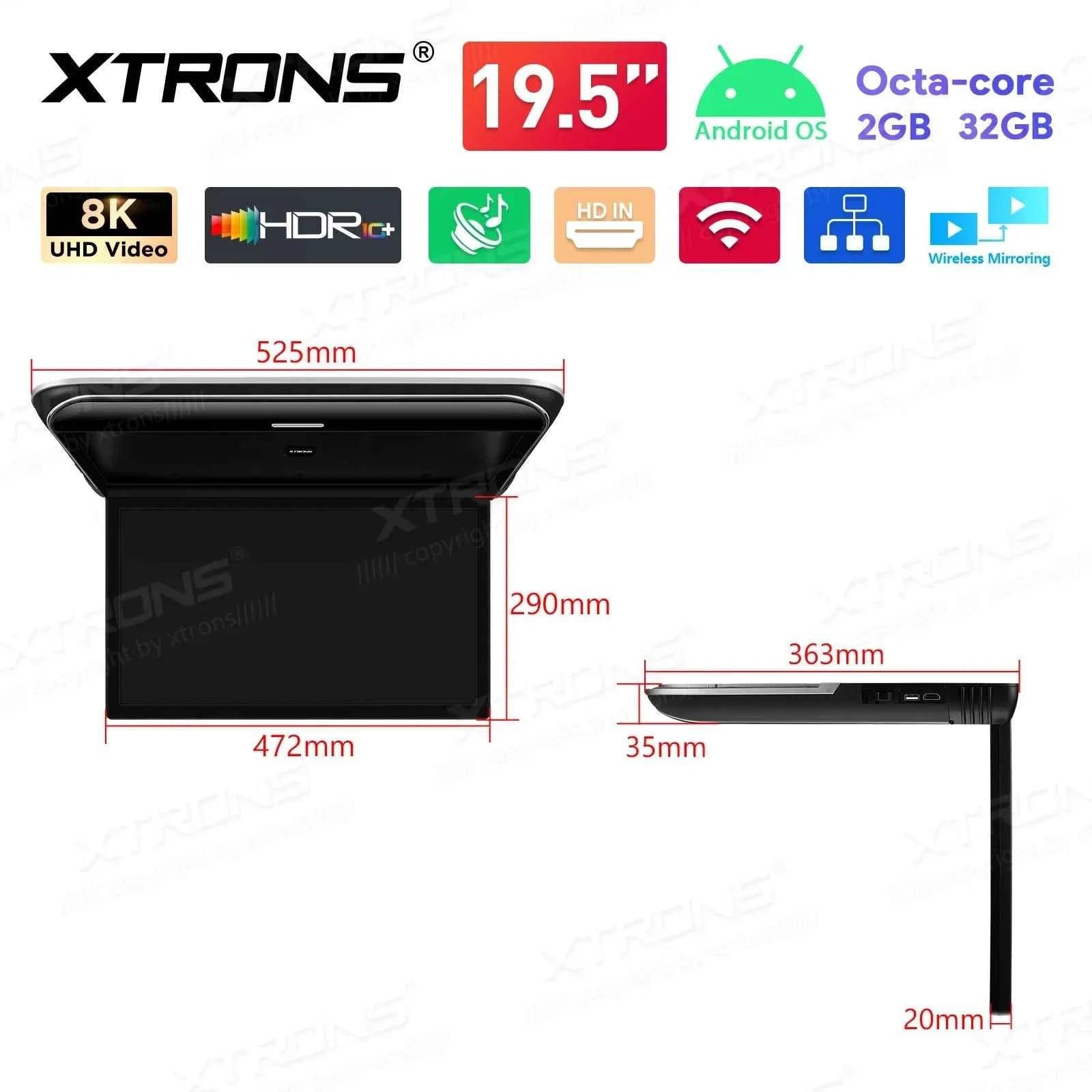 XTRONS 19.5" Android Car Roof Monitor TV Octa-core 8K IPS Car Screen Adjustable Angle to 170° with Screen Mirroring USB HDR RCA