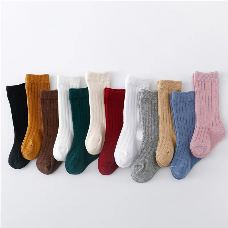 0-5Years Kids Boys Girls Socks Cotton Solid Striped Soft Baby Knee Long Children's Socks School Sport Baby Boy Sock 12 Color