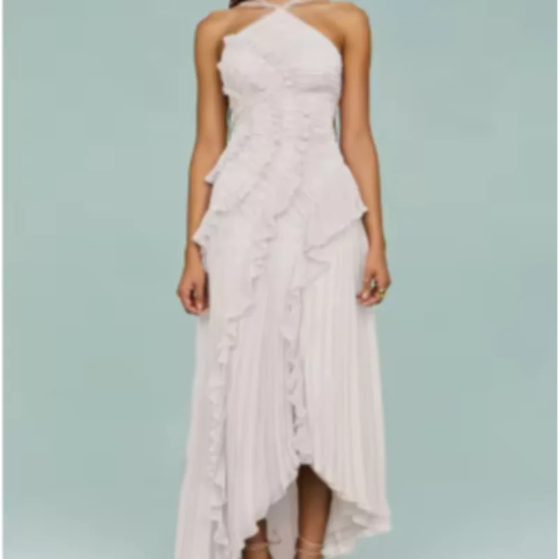 Elegant Affair Evening Gown - Ruffled Neck Strap, Backless Design, A-Line Silhouette, Perfect for Parties & Vacations