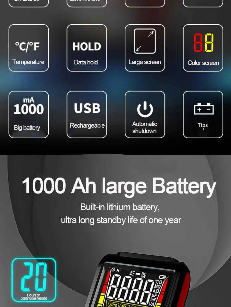 SmartTech USB Rechargeable Digital Multimeter - True RMS, AC/DC Current, Capacitance, Temperature, Auto Range