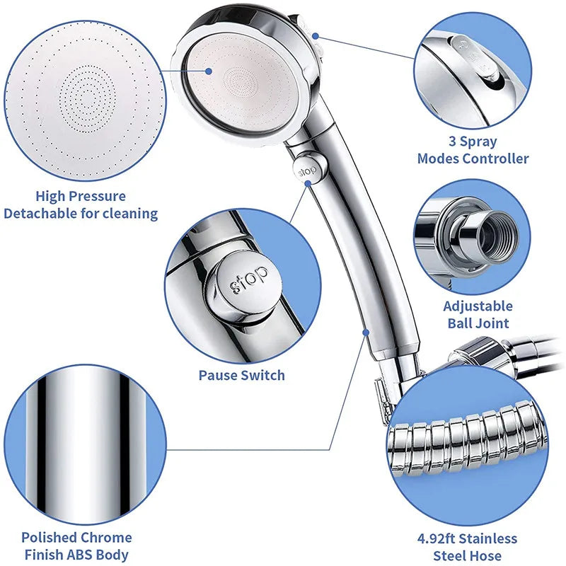 1 Set Detachable 3 Modes Setting Shower Head Handheld High Pressure Rain Water Saving Home Hotel Sprayer Bathroom Shower Head