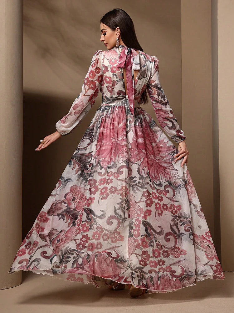 TOLEEN Floral Cut-Out Maxi Dress - Elegant Long Sleeve, High Waist, Summer Ready