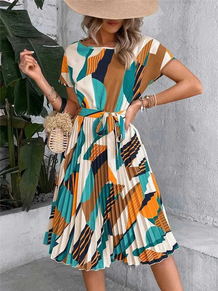 Msfilia Summer Print Pleated A Line Long Dress Women Short Sleeve High Waist Spring Round Neck Chic Dress with Belt The jack market .AU The jack market .AU Woman Fashion $ 88 14:200004870#Flower NavyBlue;5:100014065