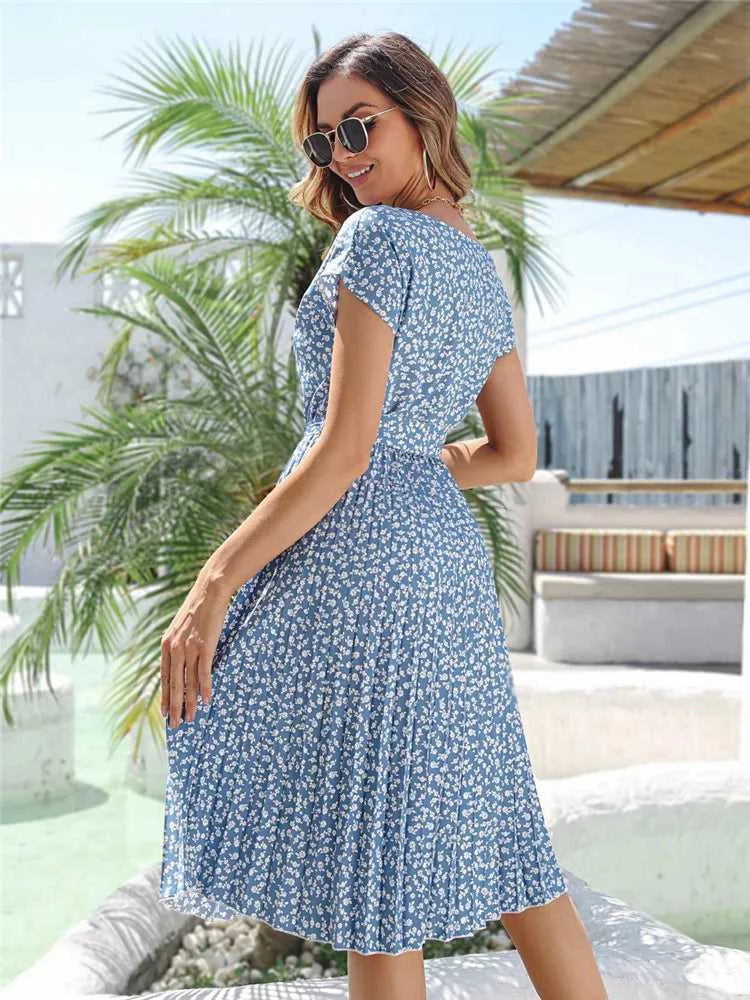 Msfilia Summer Print Pleated A Line Long Dress Women Short Sleeve High Waist Spring Round Neck Chic Dress with Belt The jack market .AU The jack market .AU Woman Fashion $ 88 14:200004870#Flower NavyBlue;5:100014065
