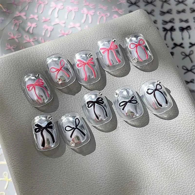 Brand Name Bowknot Nail Art Stickers - Vintage Self-Adhesive Decals in White, Pink & Black for Cute Manicures