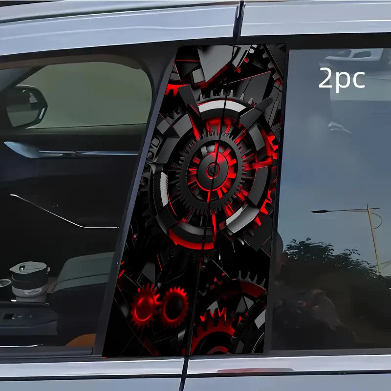 2 pieces, B-pillar car stickers Red mechanical gears Protective film, suitable for all vehicle models