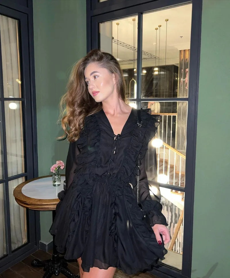 TARUXY Sheer Lace Mesh Dress Women Fashion Deep V Neck Bandage Ruffle Oversized Shirt Dress Femme Elegant Sexy Cover-up Woman